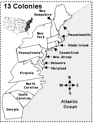 map of 13 colonies labeled. The Thirteen Colonies